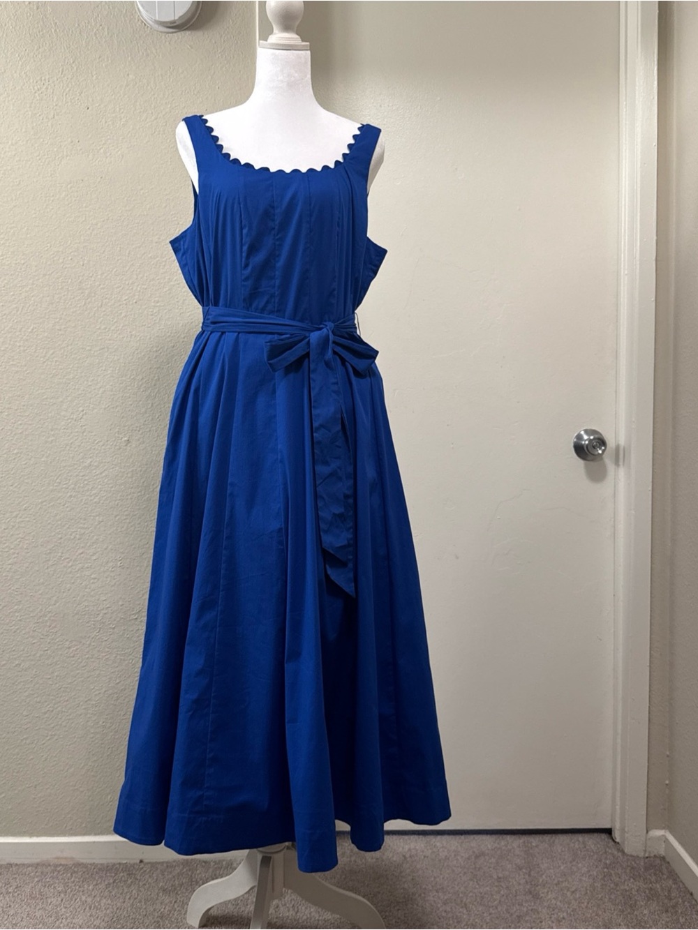 Anne Klein Royal Blue Scalloped-Neck Midi Dress with Waist Tie Sz 10